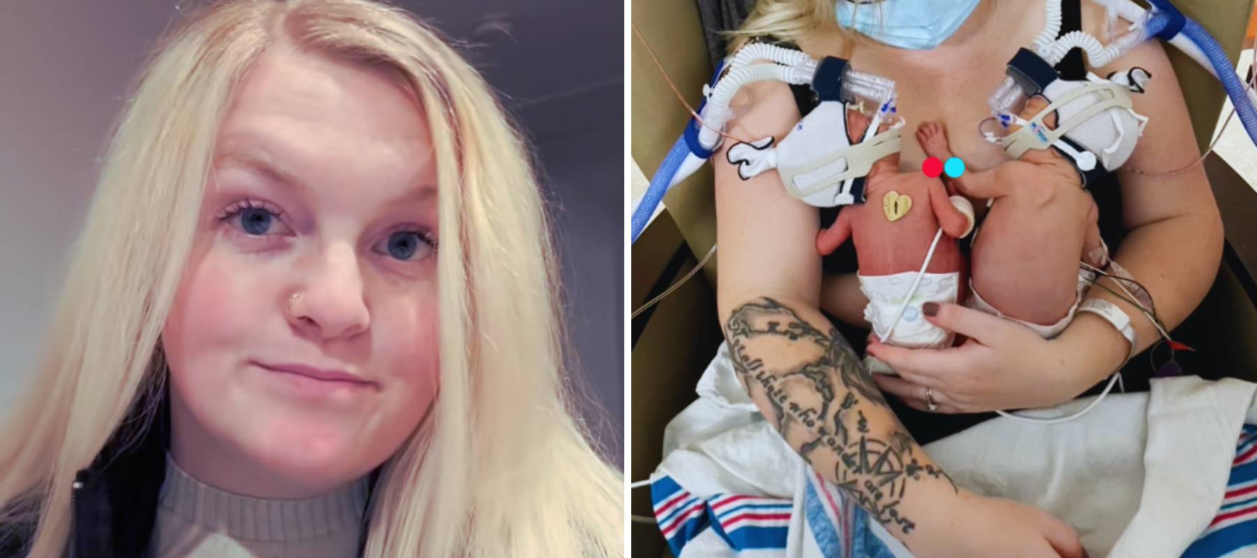 Side by side of mother of quadruplets with a photo of her holding two of her children in the hospital NICU.