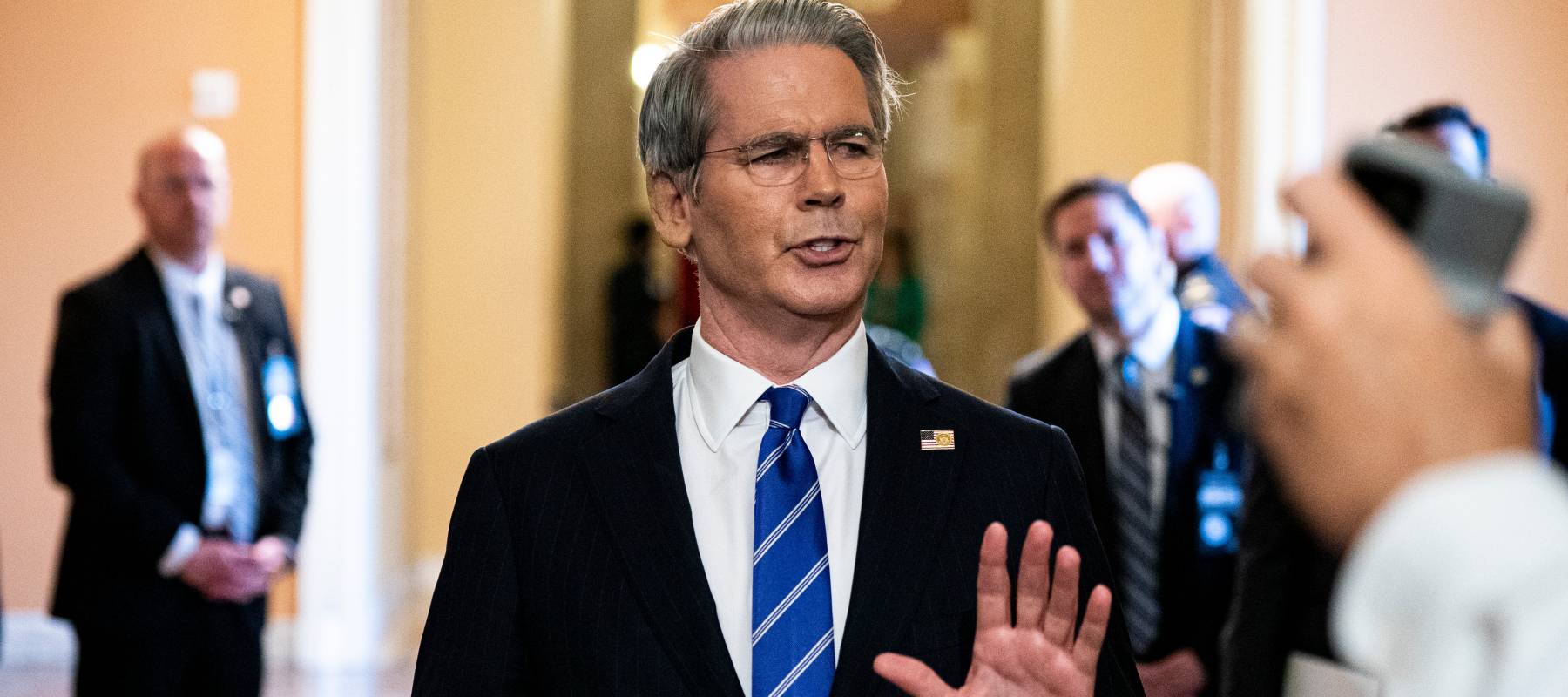 Treasury Secretary Scott Bessent speaks to reporters following a Senate Republican luncheon.