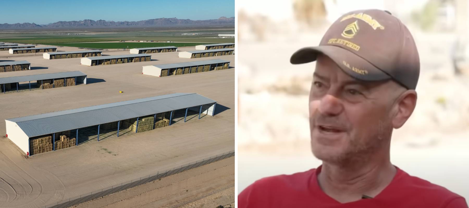 Hay stacks (left), man speaking on camera (right).