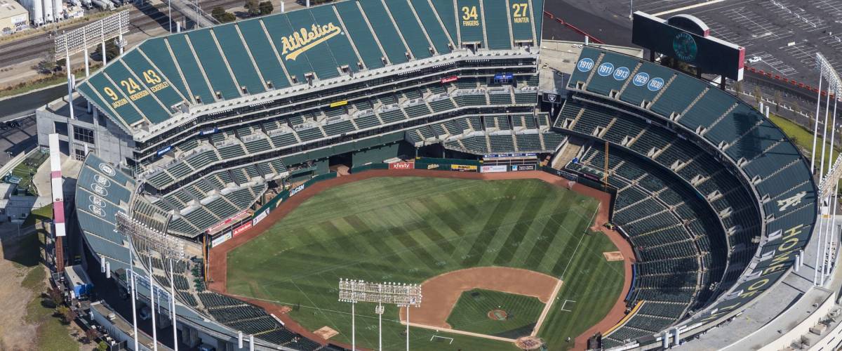 Oakland, California, USA - September 19, 2016:  Aerial view of the Oakland Coliseum baseball stadium.  Home of the Oakland Athletics.