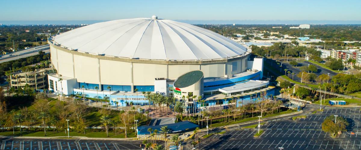 ST PETERSBURG, FL, USA - FEBRUARY 15, 2018: Aerial wide angle image Tropicana Field St Petersburg Florida USA