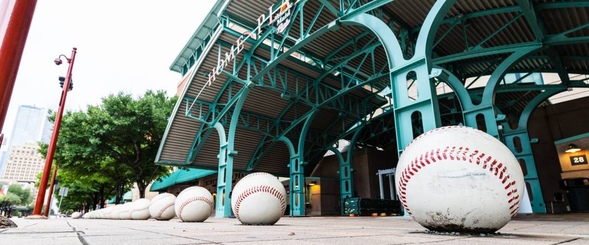 HOUSTON, TX, USA - SEPTEMBER 10, 2018: Oversized baseball's sit outside of Minute Maid Stadium, home to the MLB's Houston Astro's.