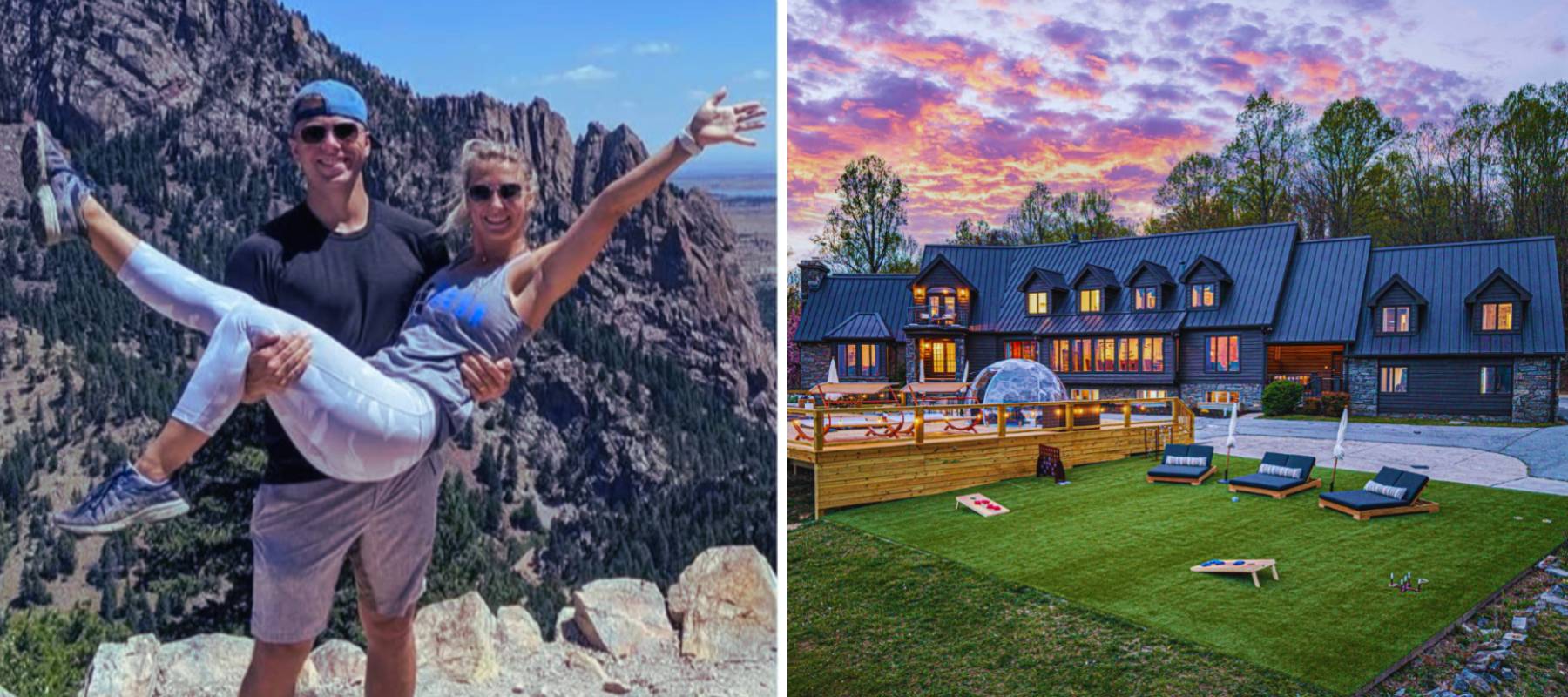 Side by side image of Michael Elefante and his wife on vacation and one of their Airbnb homes.