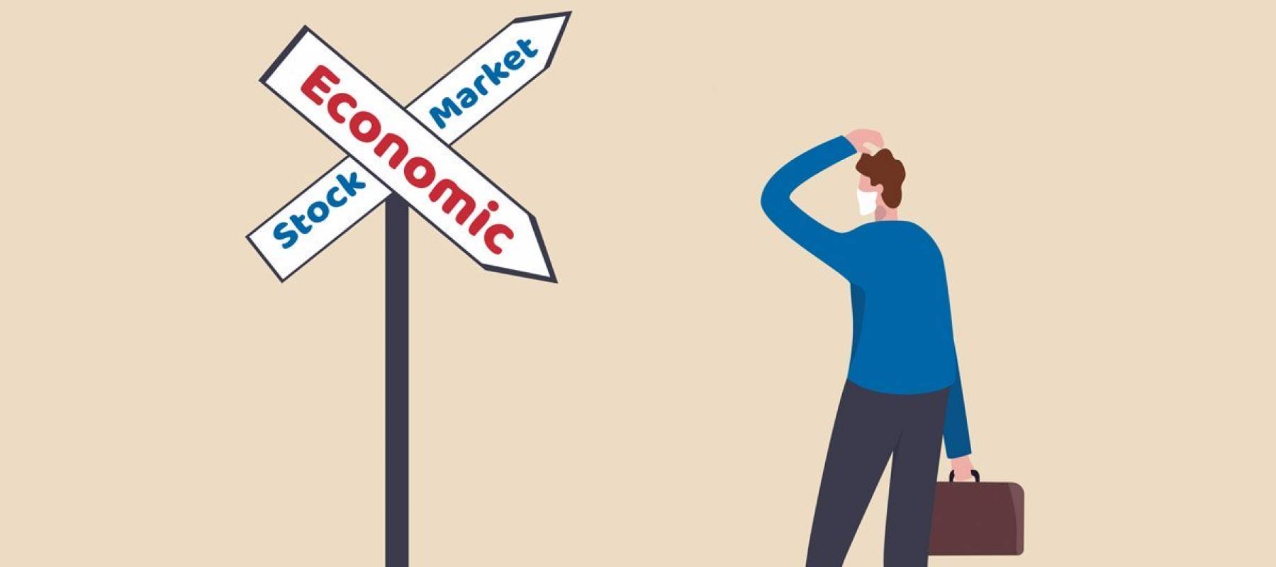 Illustration of man wearing face mask standing at a crossing sign of "Economic" and "Stock Market"