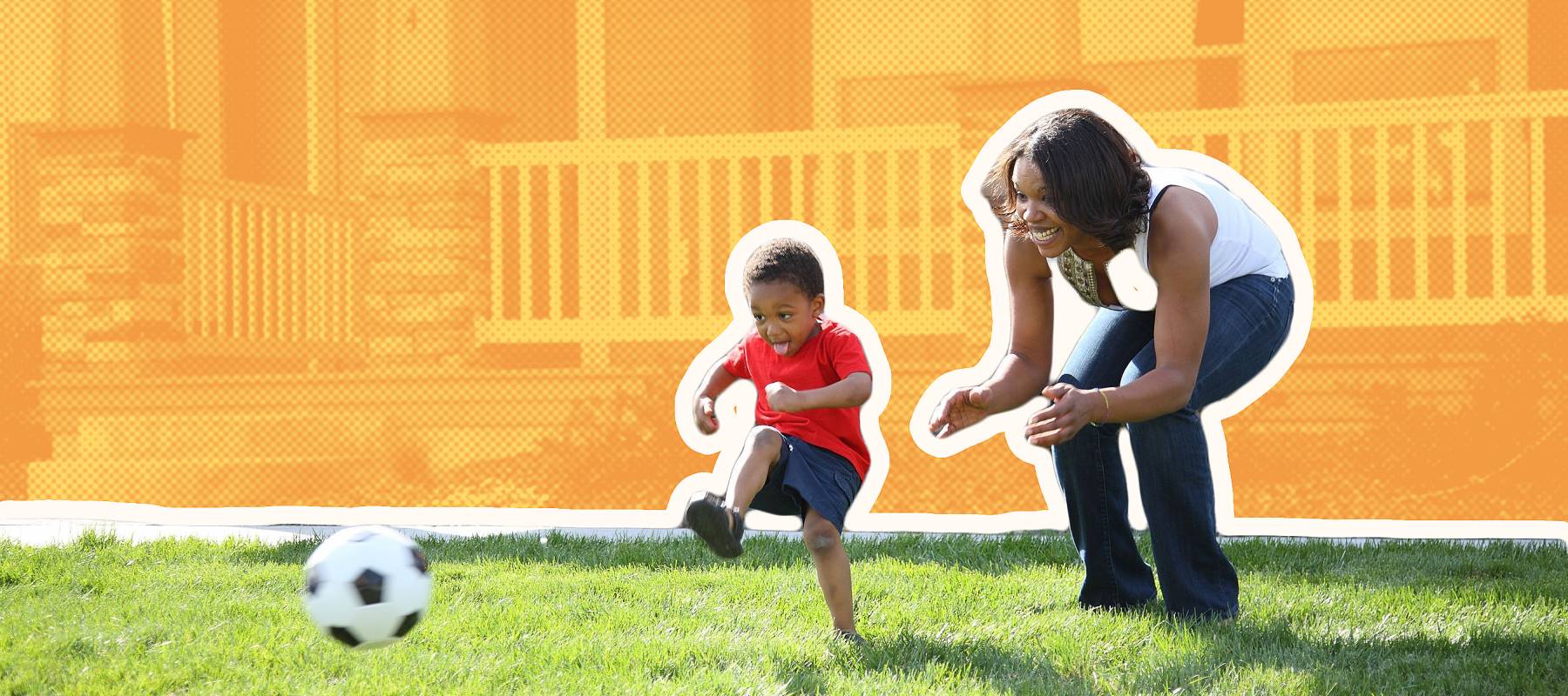 Mother and son in front yard playing with soccer ball