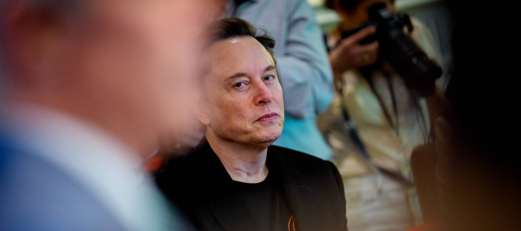 Tesla CEO Elon Musk looks on during a Cabinet meeting at the White House on April 30, 2025 in Washington, DC.