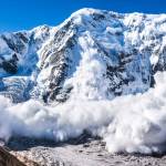 Power of nature. Real huge avalanche comes from a big mountain, Shkhara, 5.193 m, Caucasus, Kabardino-Balkaria, Bezengi region, Russia