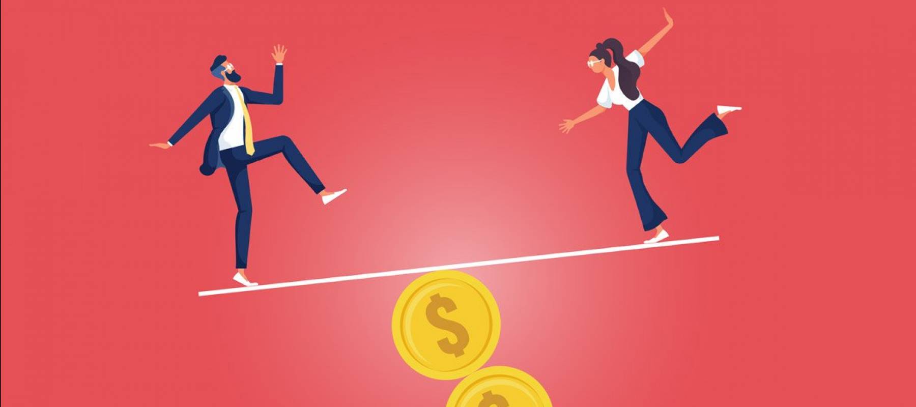Illustration of a man and woman balancing, teeter-totter style, on a bar sitting atop gold coins stacked edgewise