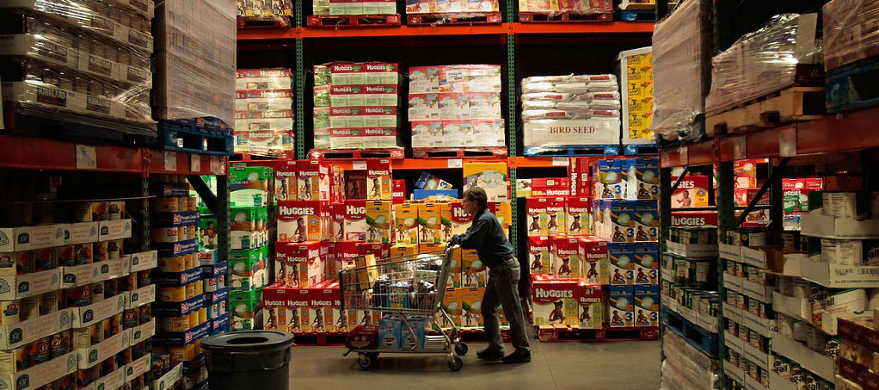 A shopper pushes a cart down a Costco aisle.