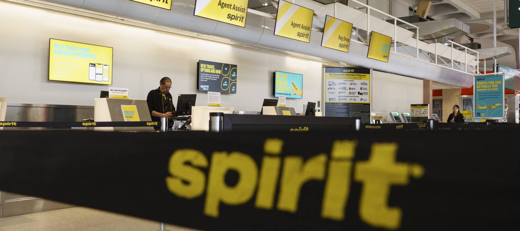 A Spirit Airlines customer service counter at San Diego International Airport on March 4, 2025.