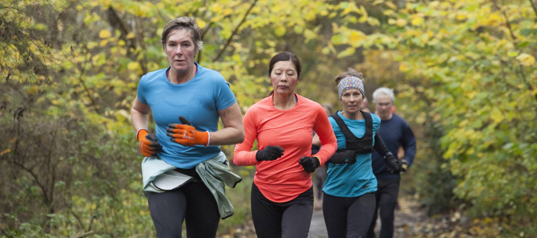 A group of adults jogging on a trail.