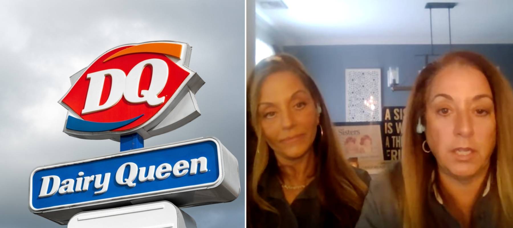 A Dairy Queen sign; two women speaking on camera.