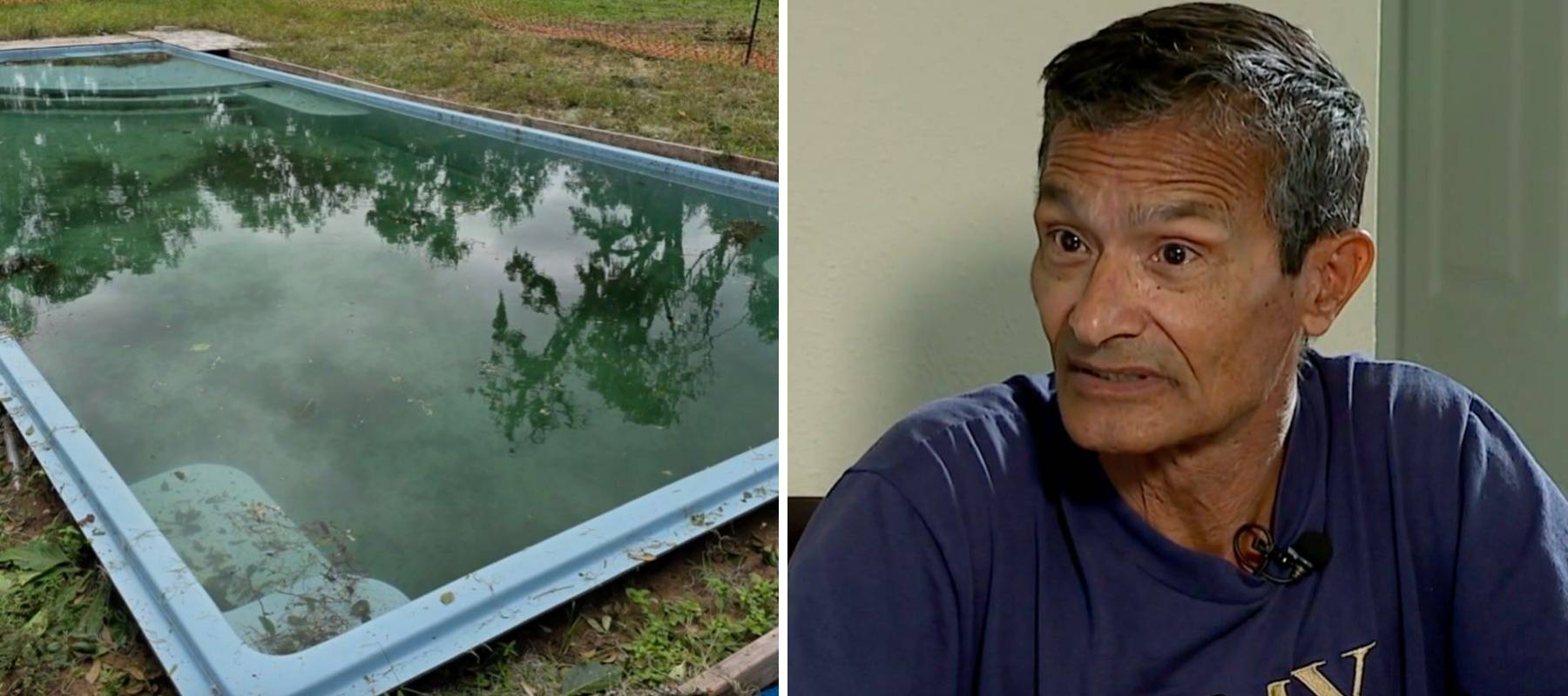 Composite shot of Luis Angel Gomez alongside his unfinished pool.