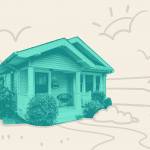 Cute craftsman home exterior with green grass and blooming tree. Northwest, USA