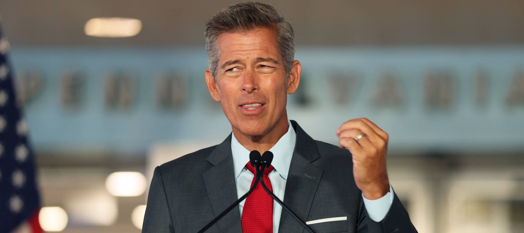 Transportation Secretary Sean Duffy speaks during a press conference at Penn Station in New York City, Aug. 27, 2025.