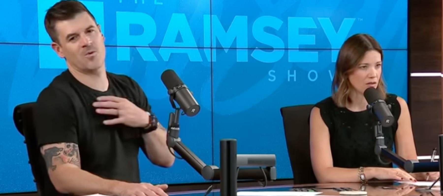 Ramsey Show cohosts John Delony and Rachel Cruze talking to caller.