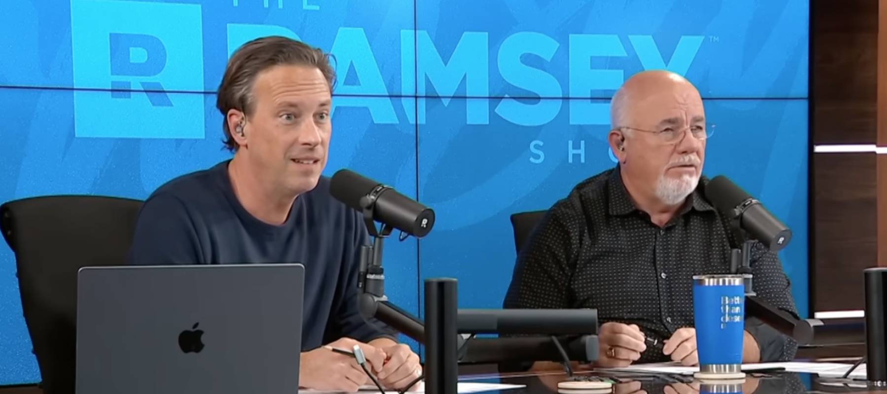 The Ramsey Show hosts Ken Coleman and Dave Ramsey listen as a caller talks about their husband hiding money from them.