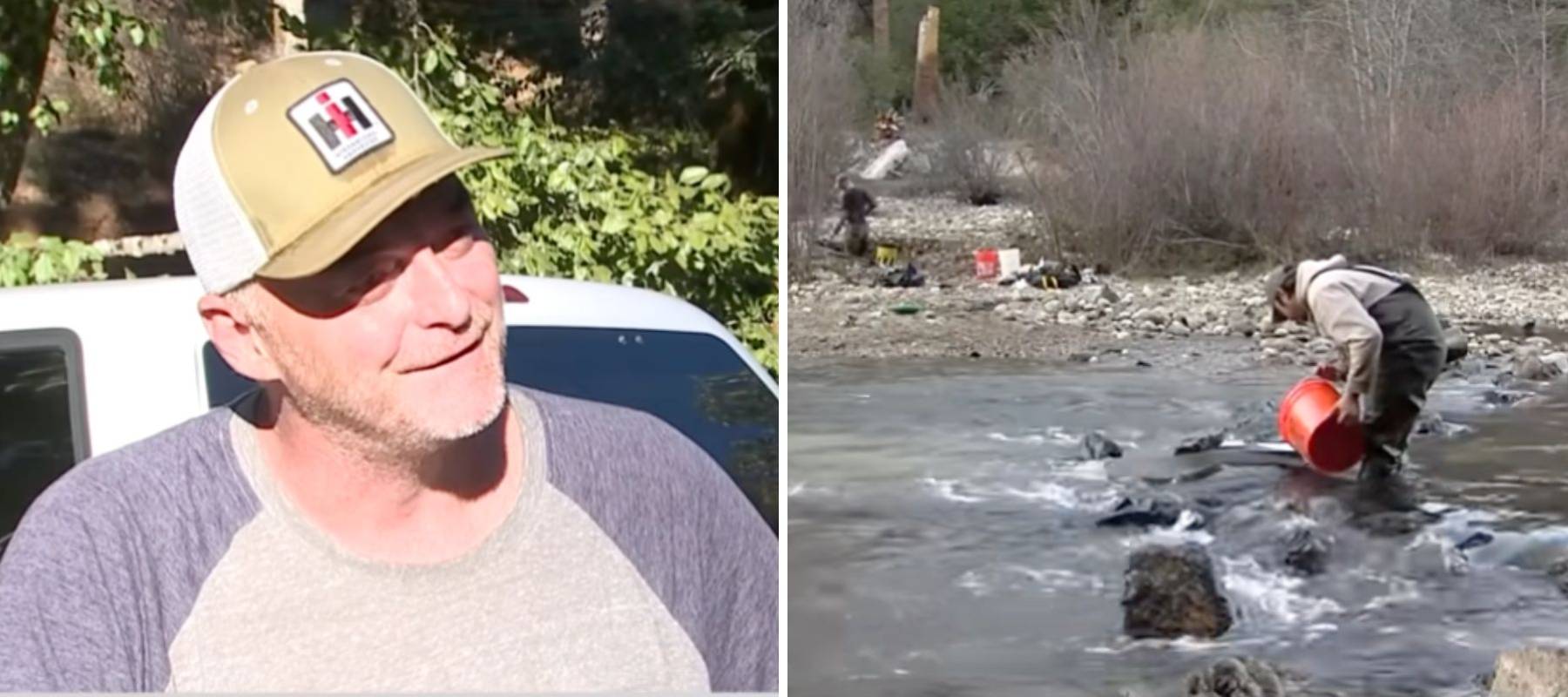 Composite shot of a California prospector alongside others panning for gold in a local river.