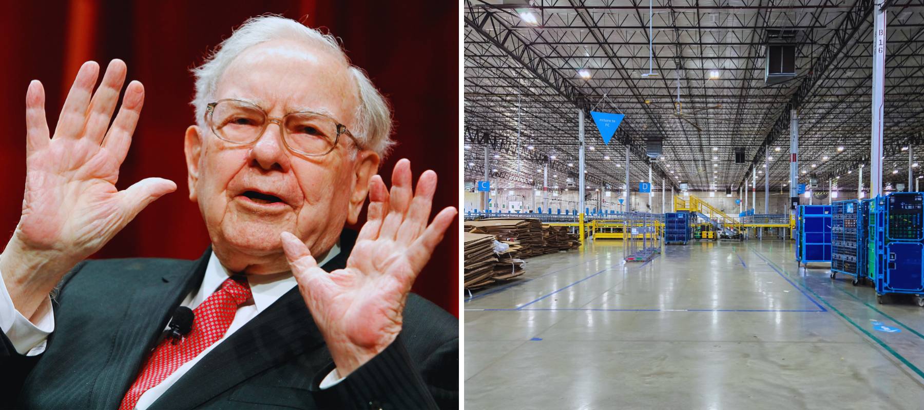 Image of Warren Buffett looking relaxed with his hands up alongside an image of an empty warehouse.