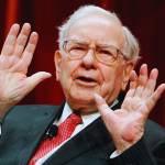 Image of Warren Buffett looking relaxed with his hands up alongside an image of an empty warehouse.