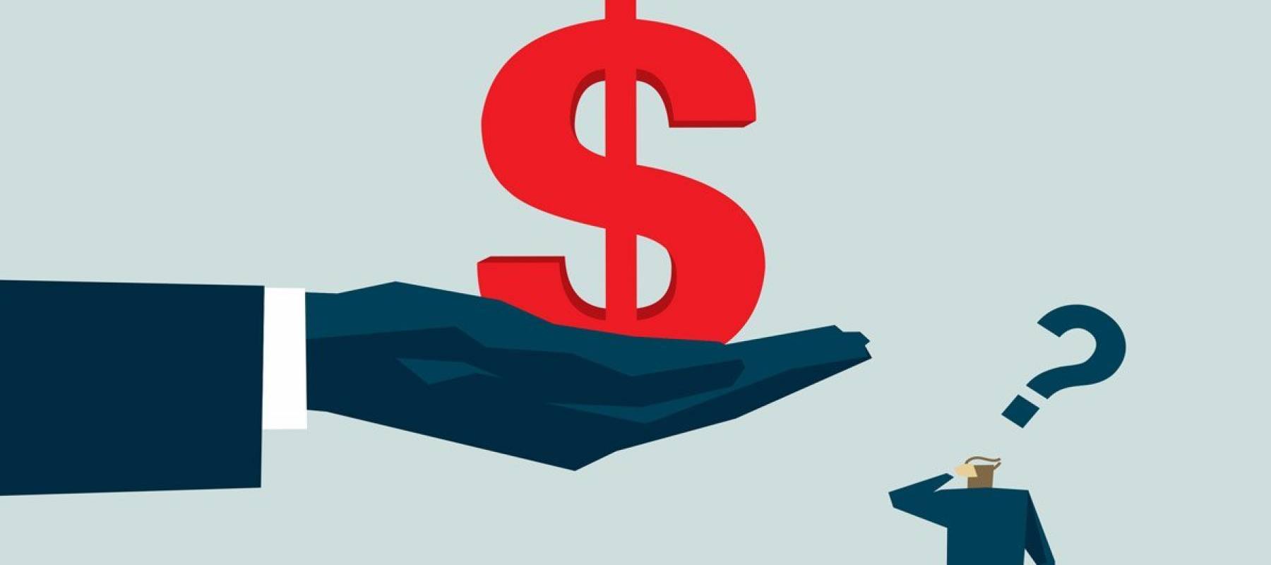 Illustration of hand holding a dollar sign, with a small male figure and a question mark