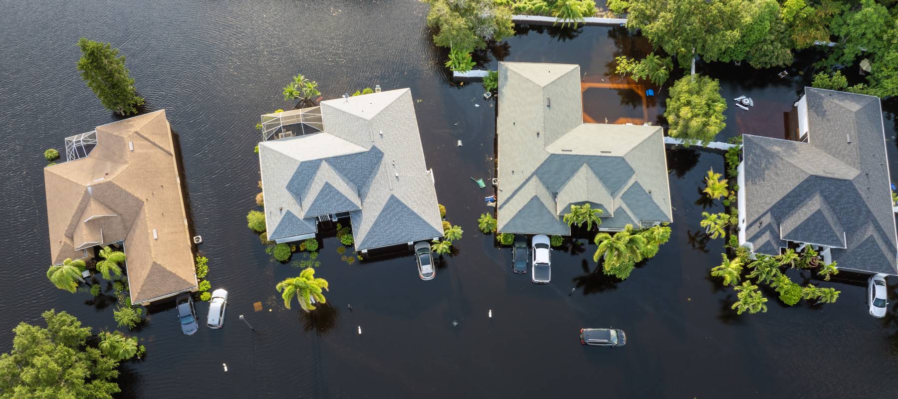 Aerial view of flooded homes and cars in a neighborhood after Hurricane Debby.