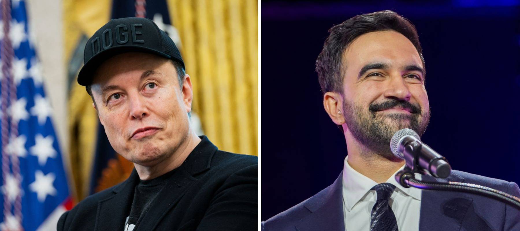 A composite shot of Elon Musk and Zohran Mamdani.