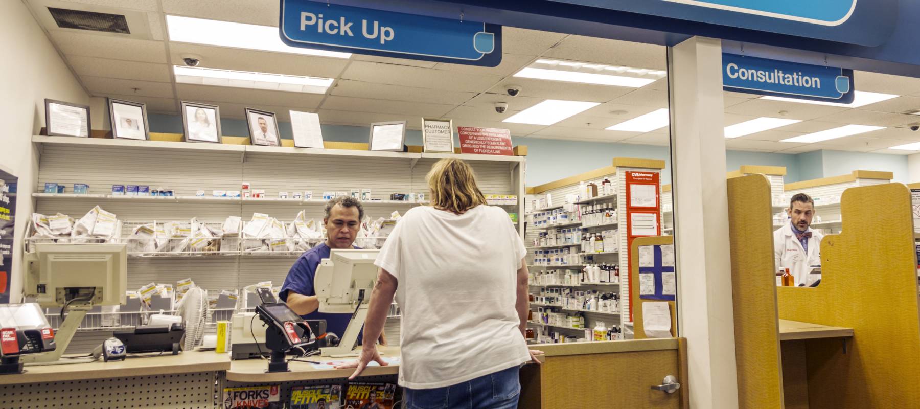CVS Pharmacy, pharmacist counter, pick up consultation window.