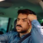 A frustrated man stuck in traffic looks askew at the camera with one hand resting on the wheel.