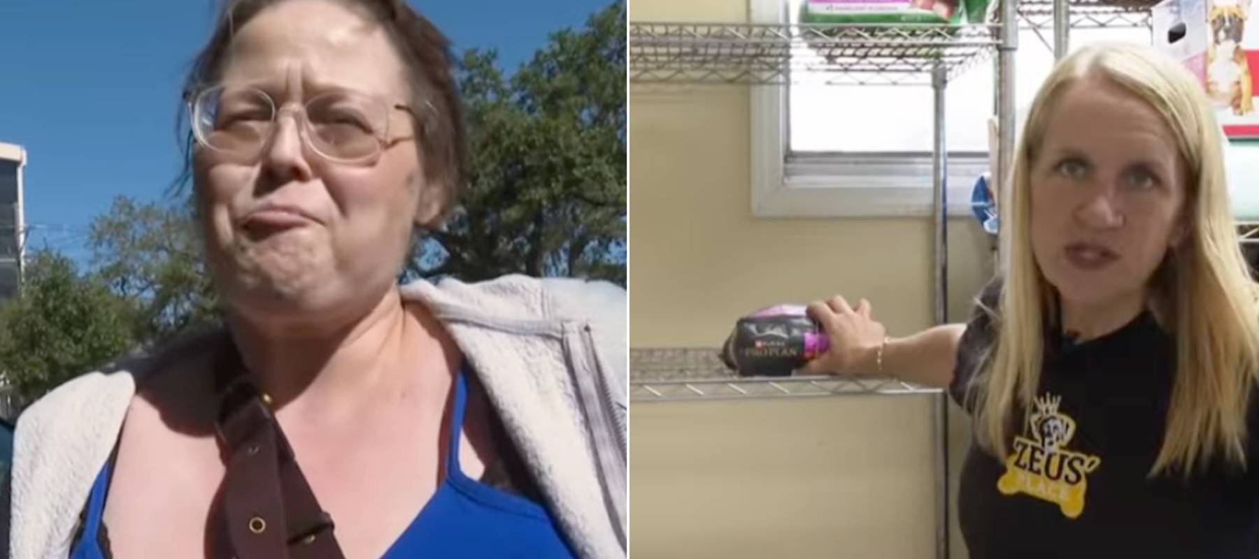 Pet owner Sarah Lungwitz speaking to reporters; Zeus’ Rescues founder Michelle Cheramie shows reporters the shelter's pet food supply.