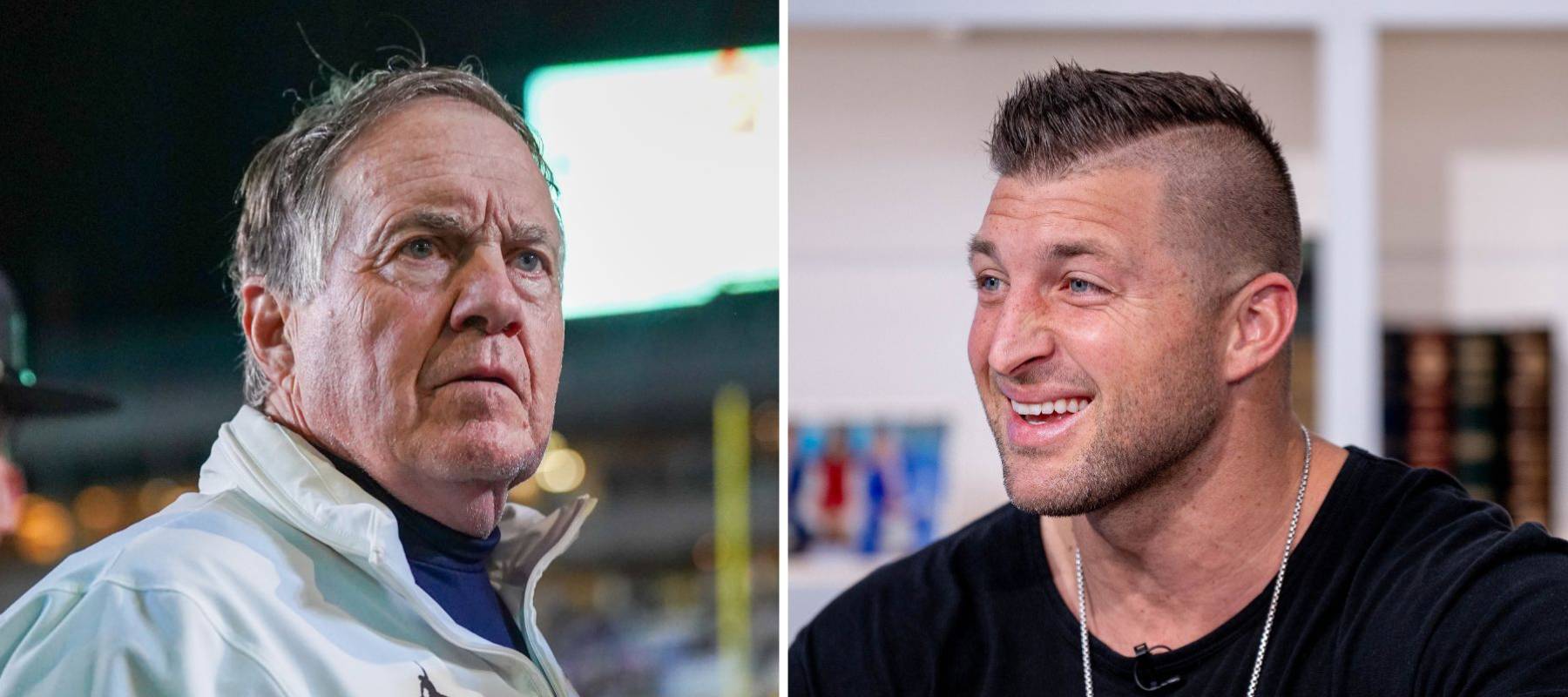 Composite image featuring former New England Patriots coach Bill Belichick and former Patriots quarterback Tim Tebow.
