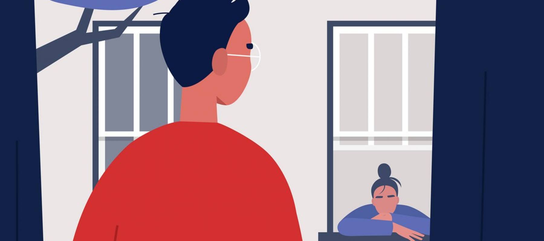Illustration of man outdoors in red shirt looking at woman in window of her home.