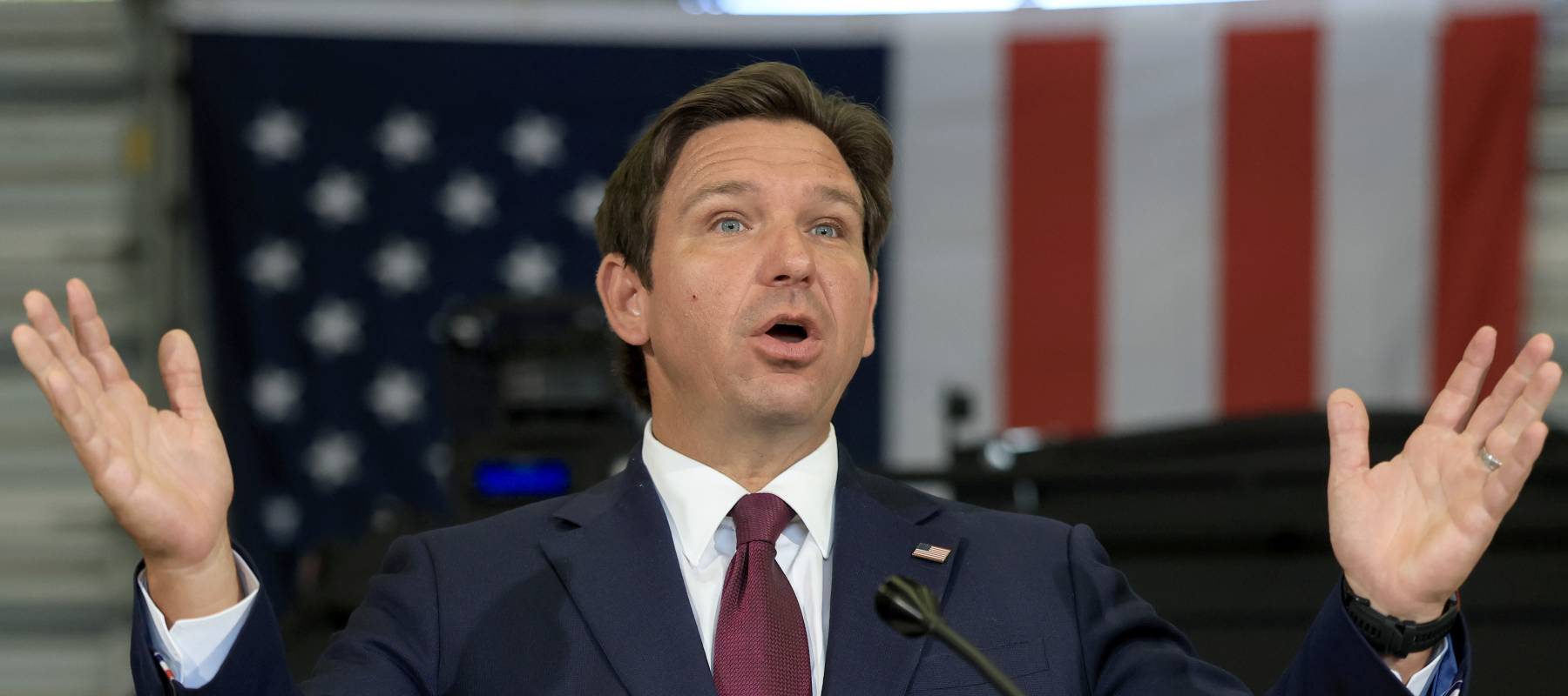 Florida Gov. Ron DeSantis speaks during a press conference held at the ICE-Enforcement and Removal Operation office on May 01, 2025 in Miramar, Florida.