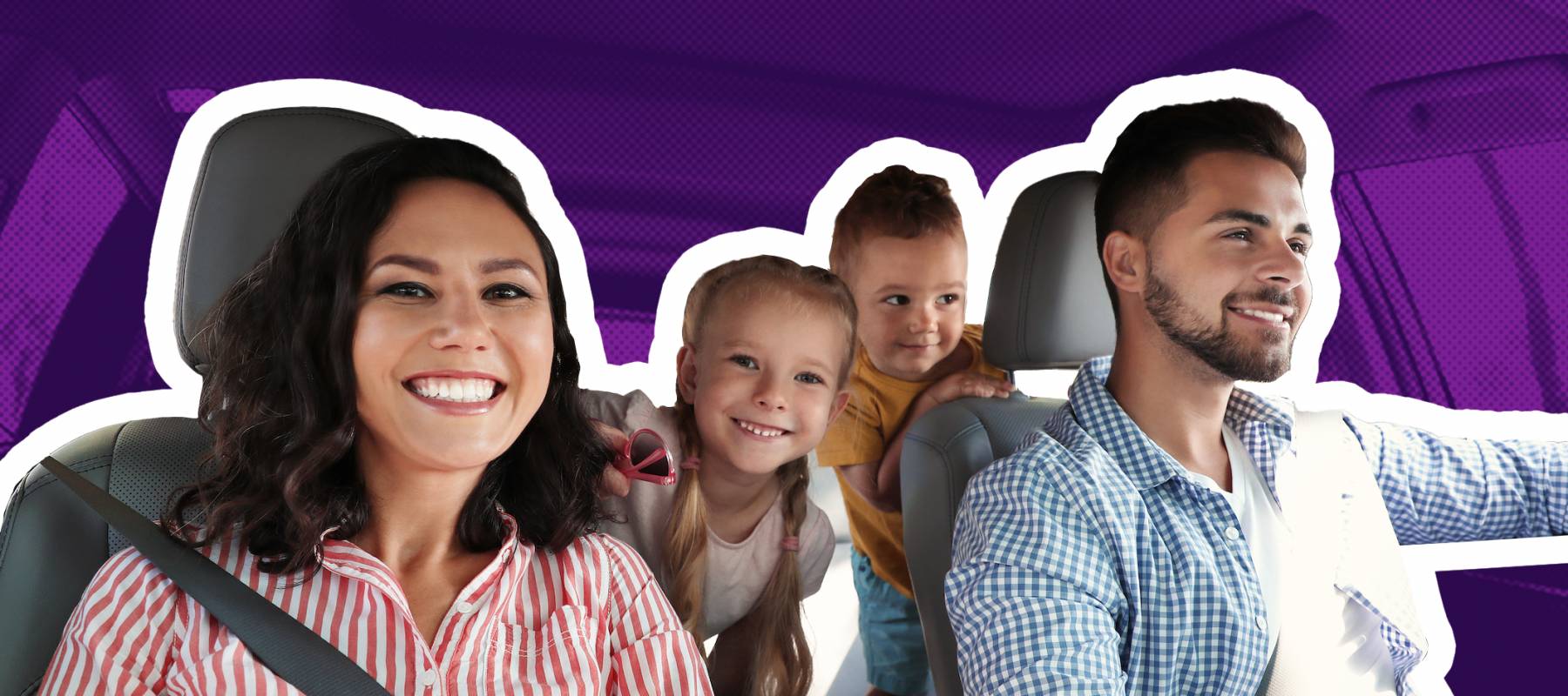 Smiling family sitting in a car on a road trip