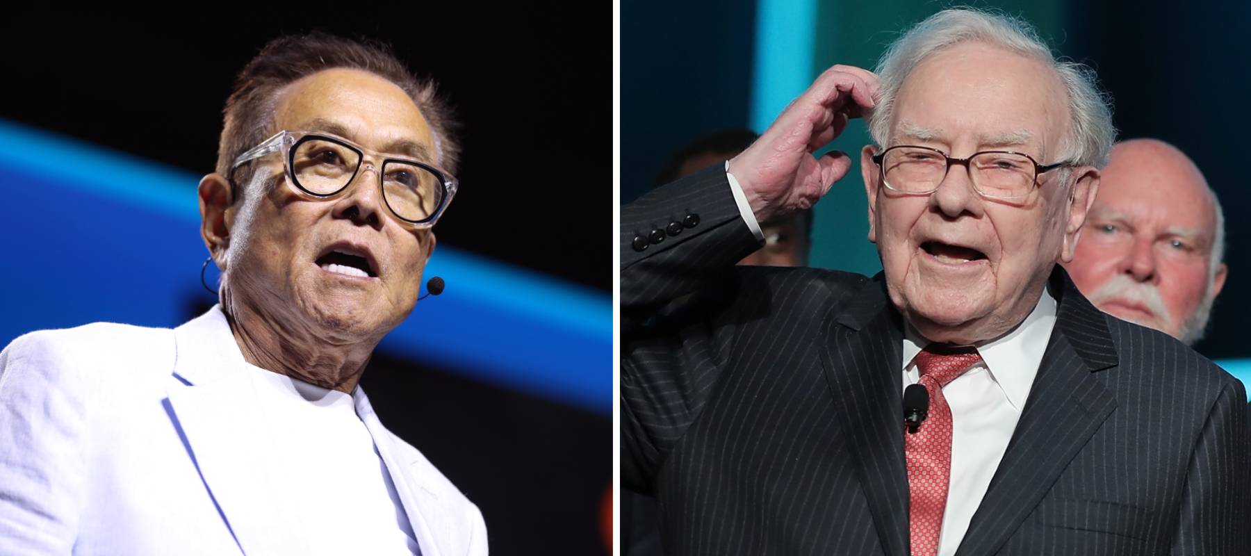 A collage image of Robert Kiyosaki speaking in a white suit and Warren Buffett in a suit scratching at his head.