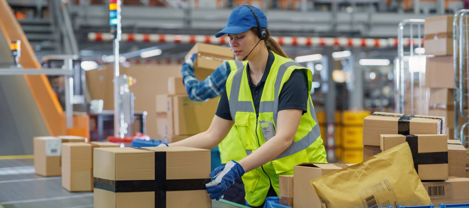 A female warehouse worker processes packages.