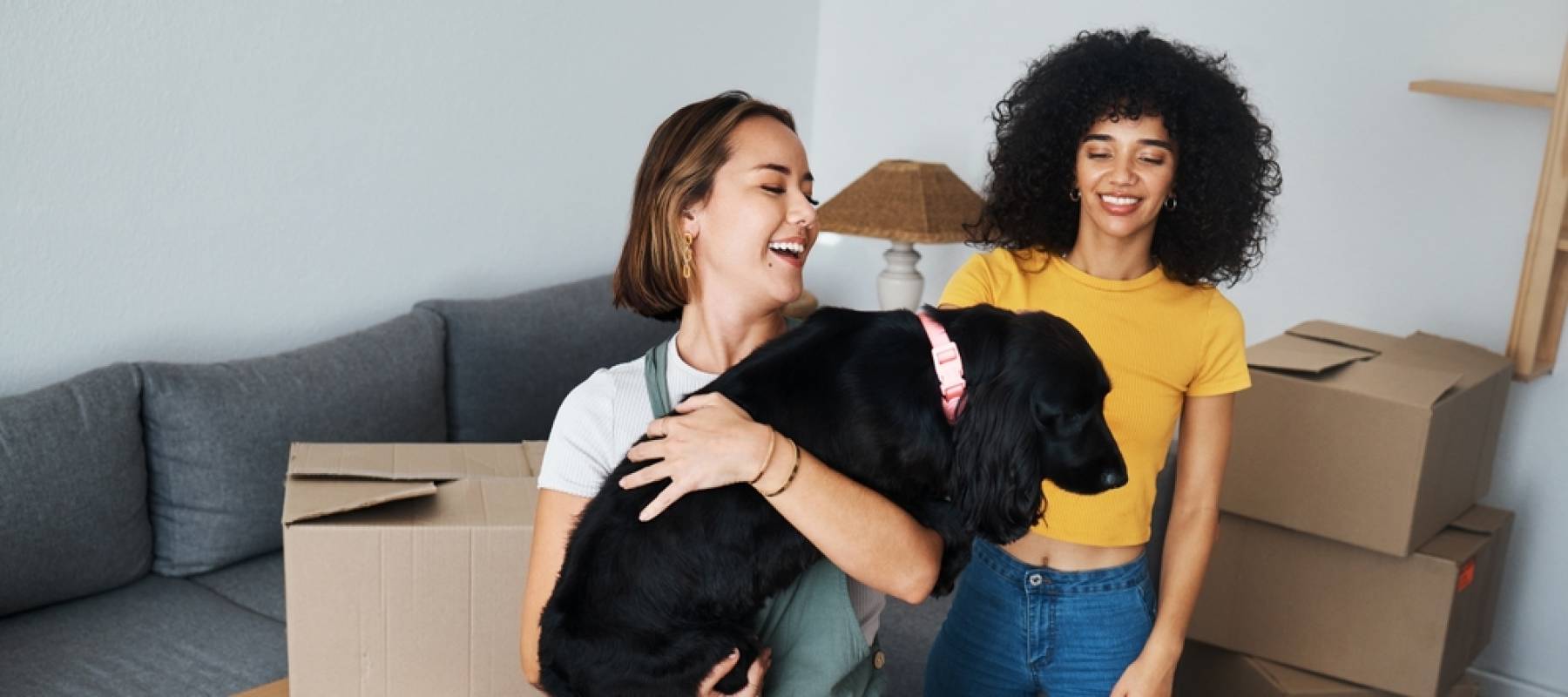 Moving, lesbian and couple with dog in new home, boxes and smile in real estate together. P