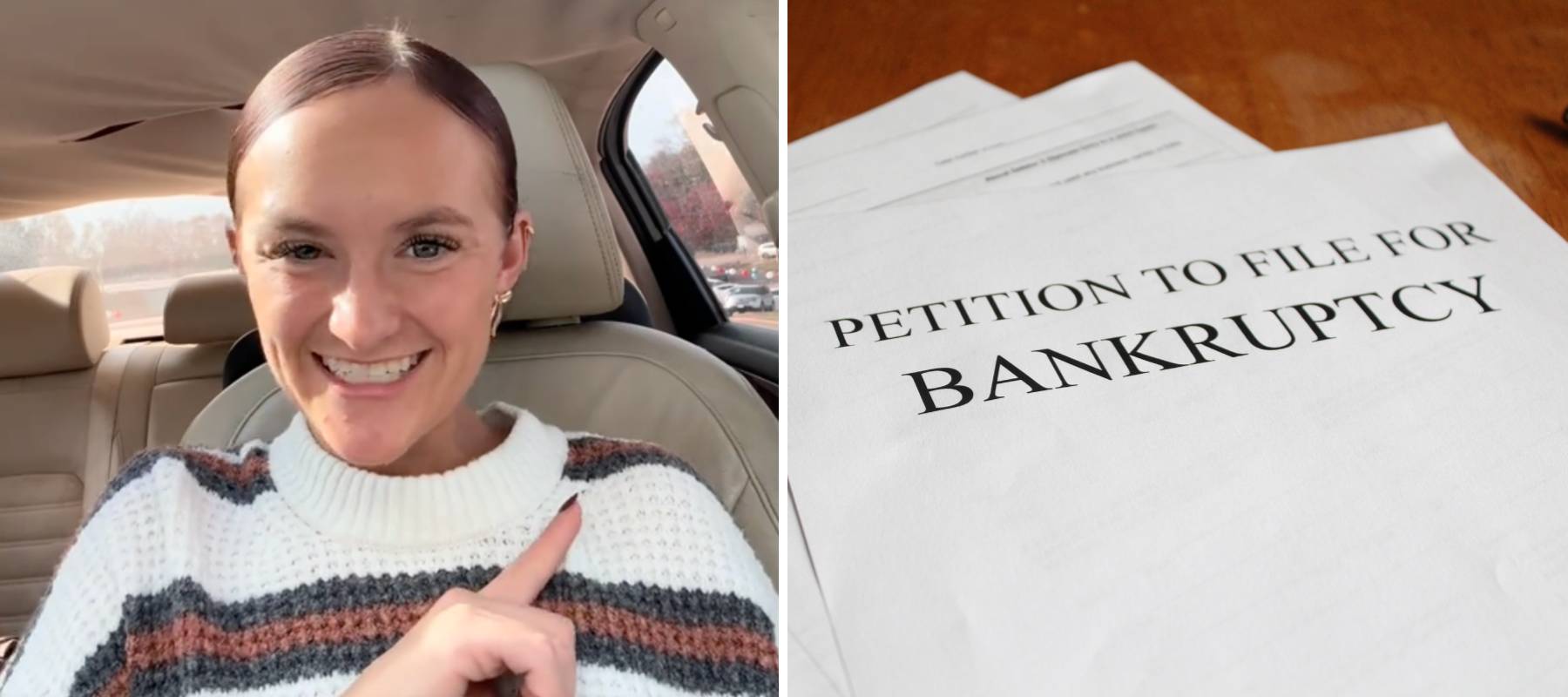 A woman sits in her car telling a story about bankruptcy on TikTok.