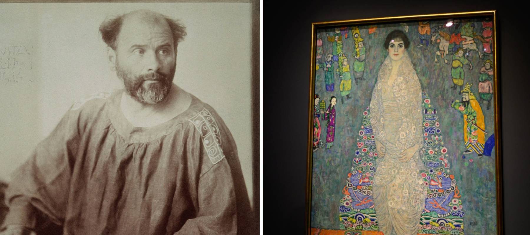 A collage image of Gustav Klimt in a loose fitting smock, beared and with a mostly shaved head, staring across the his iconic painting: the Portrait of Elisabeth Lederer.