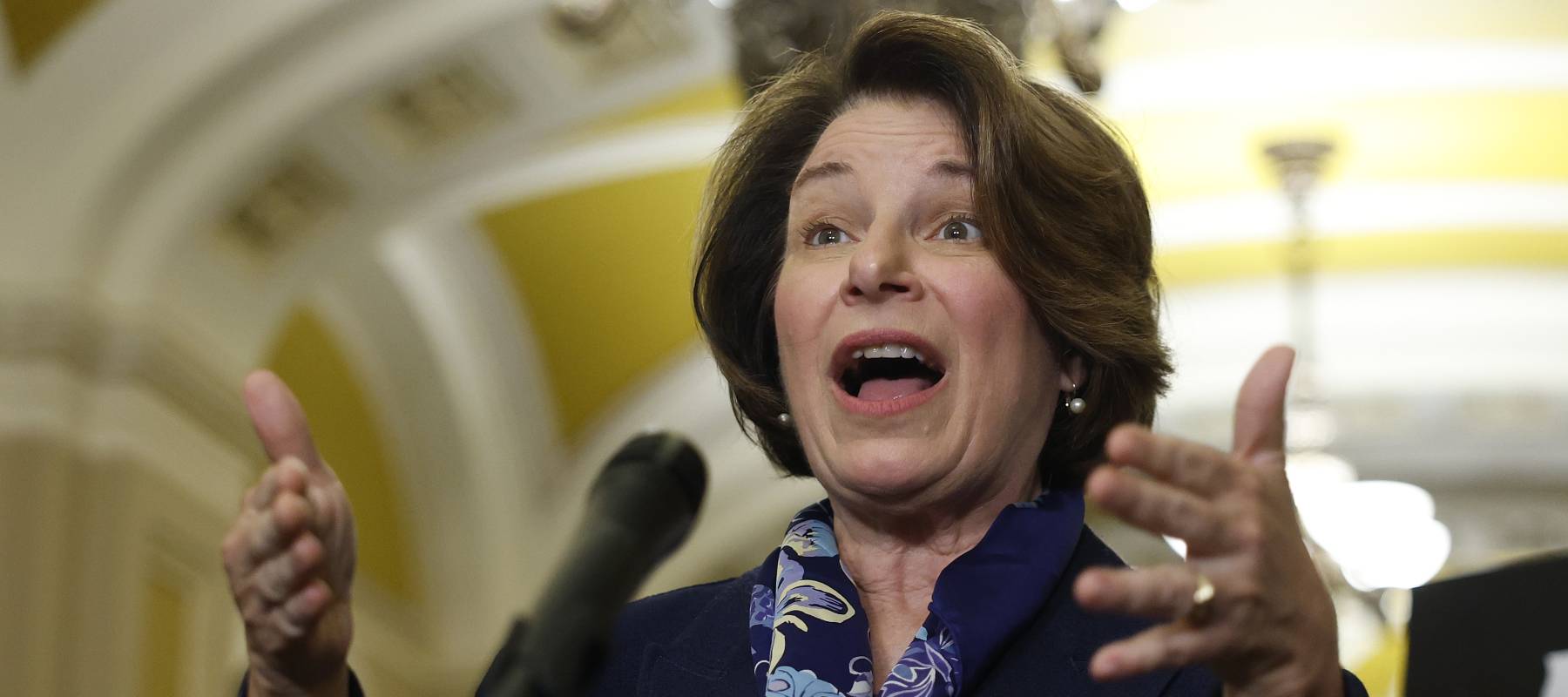 U.S. Sen. Amy Klobuchar (D-MN) speaks to members of the media following the Democratic Senate Policy Luncheon at the U.S. Capitol on October 07, 2025 in Washington, DC.