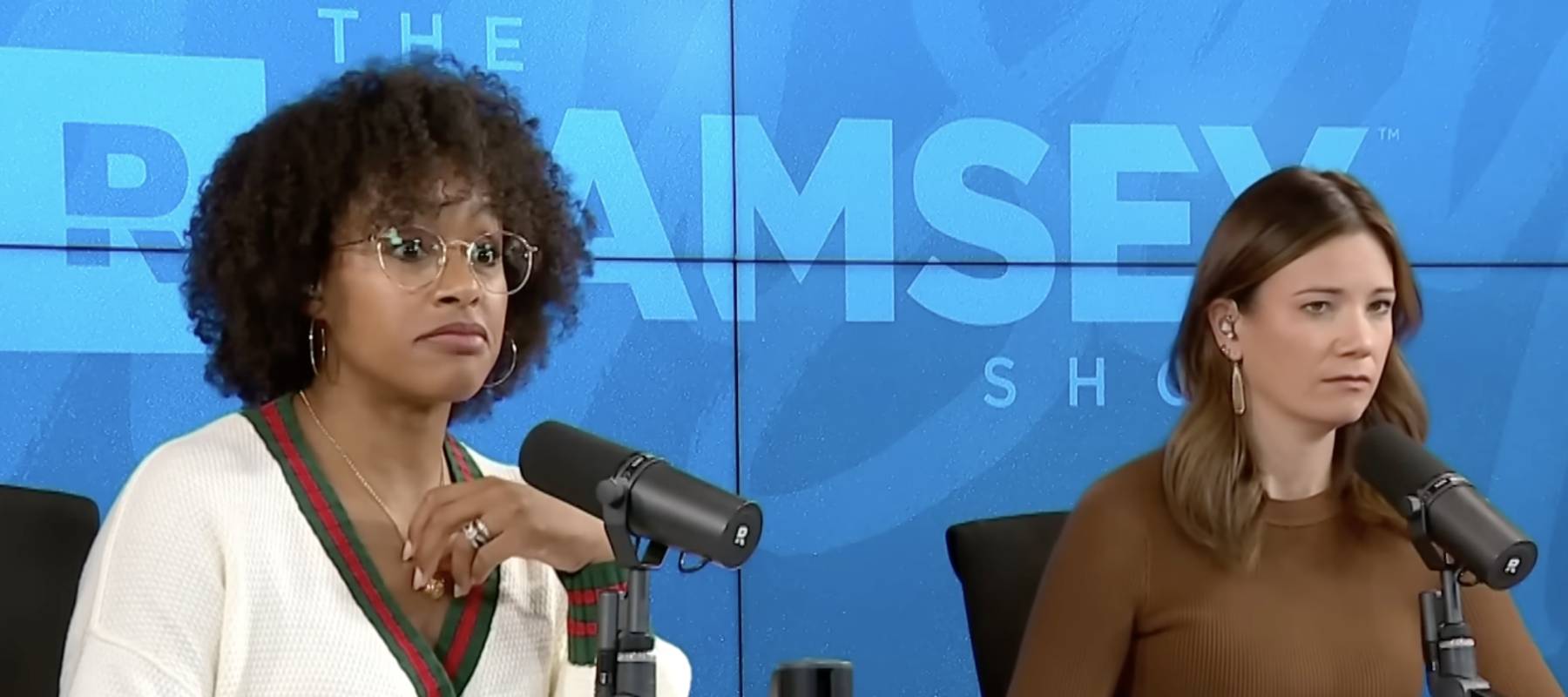 Cohost Jade Warshaw and Rachel Cruze react to a caller.