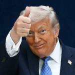 US President Donald Trump gives a thumbs up as he departs the stage during the signing ceremony of a peace deal.