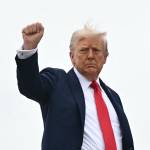 President Donald Trump board a plane high right hand raised in a fist, as if celebrating a victory.