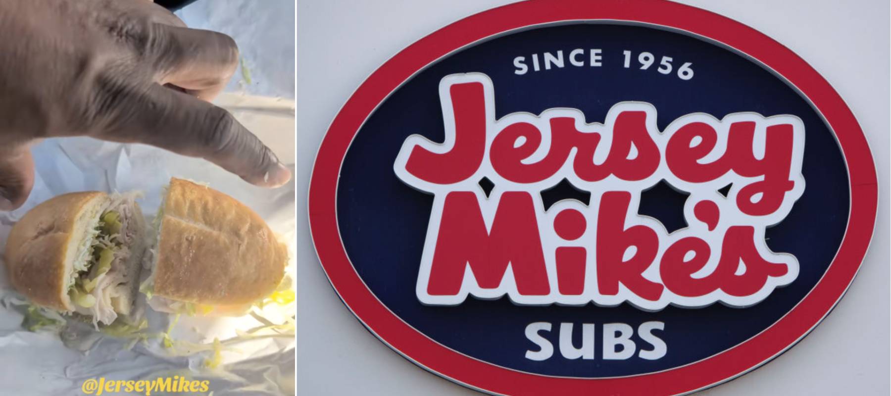 A man holding a sub sandwich; Jersey Mike's store sign.
