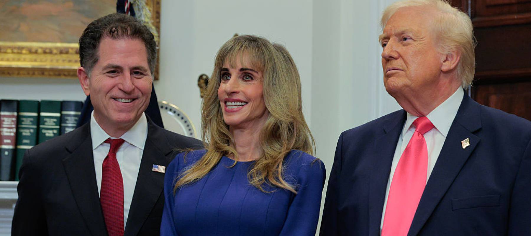 billionaires Michael Dell (L) and Susan Dell join U.S. President Donald Trump to make an announcement about "Trump accounts.