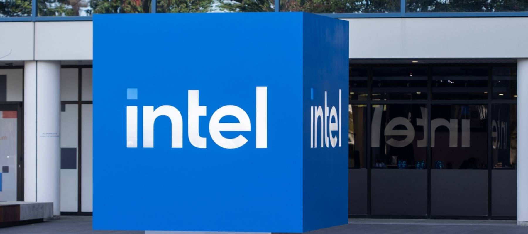 Intel logo is seen in front of the Robert Noyce Building