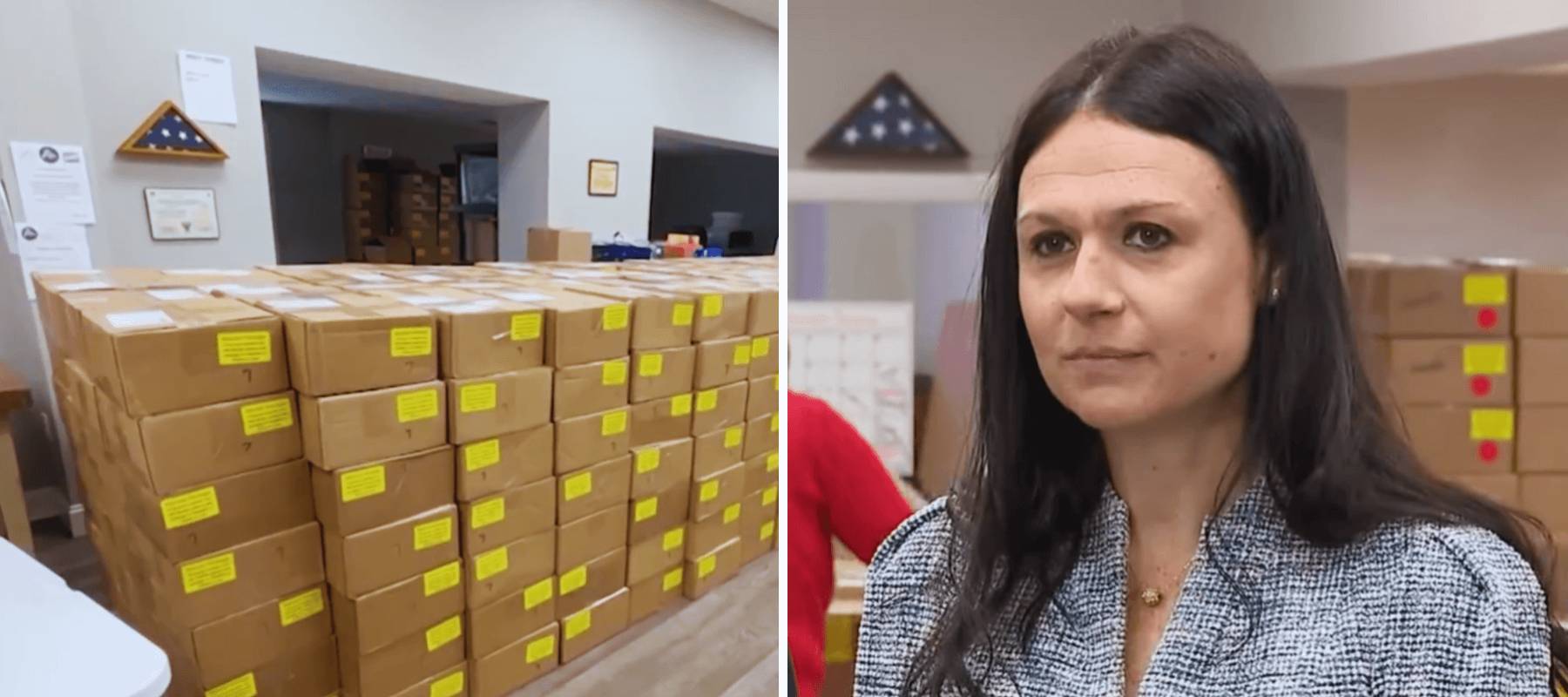 Kristen Gauvin, president of Boxes to Boots, along with the 884 returned boxes.