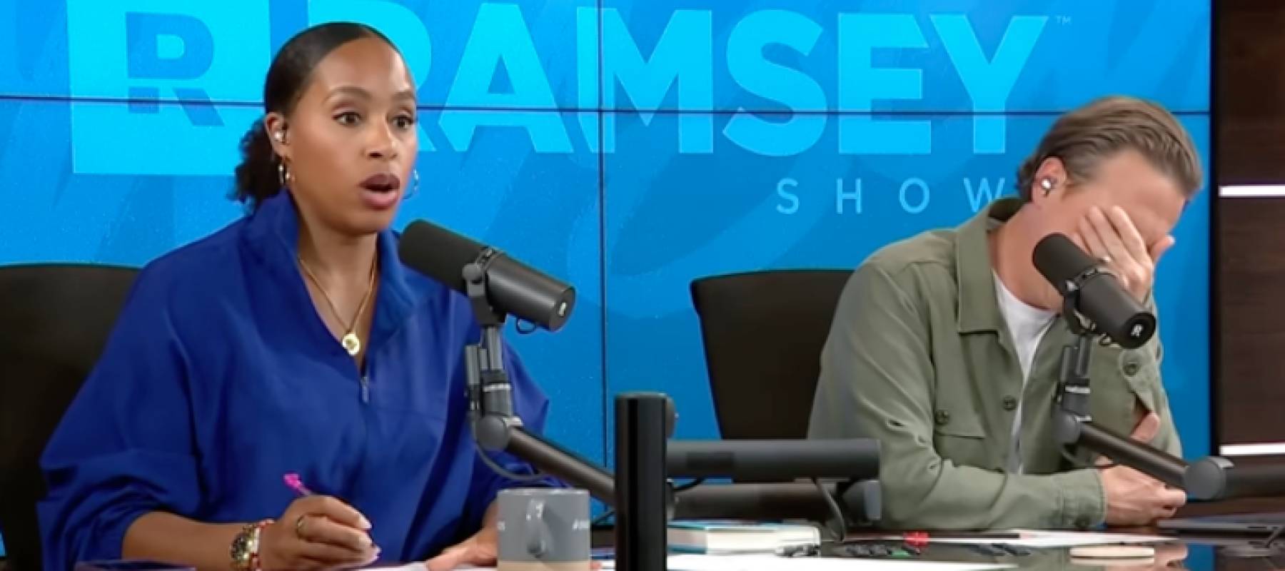 Cohost Jade Warshaw and Ken Coleman listening to a Ramsey Show caller.