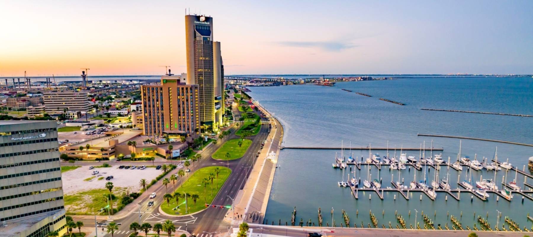 aerial drone shot for Corpus Christi, Texas, downtown