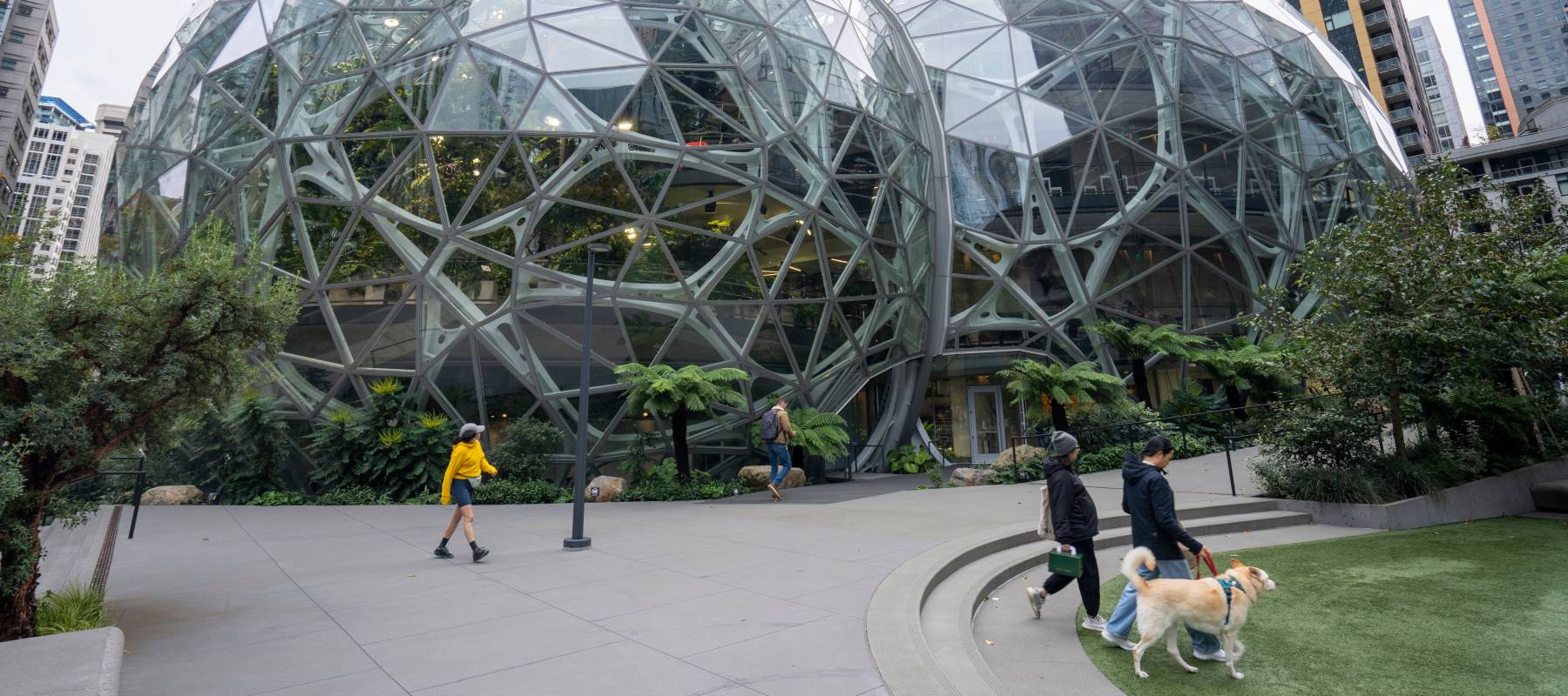 Exterior view of the Spheres, three intersecting spherical conservatories comprising part of the Amazon headquarters campus in Seattle.